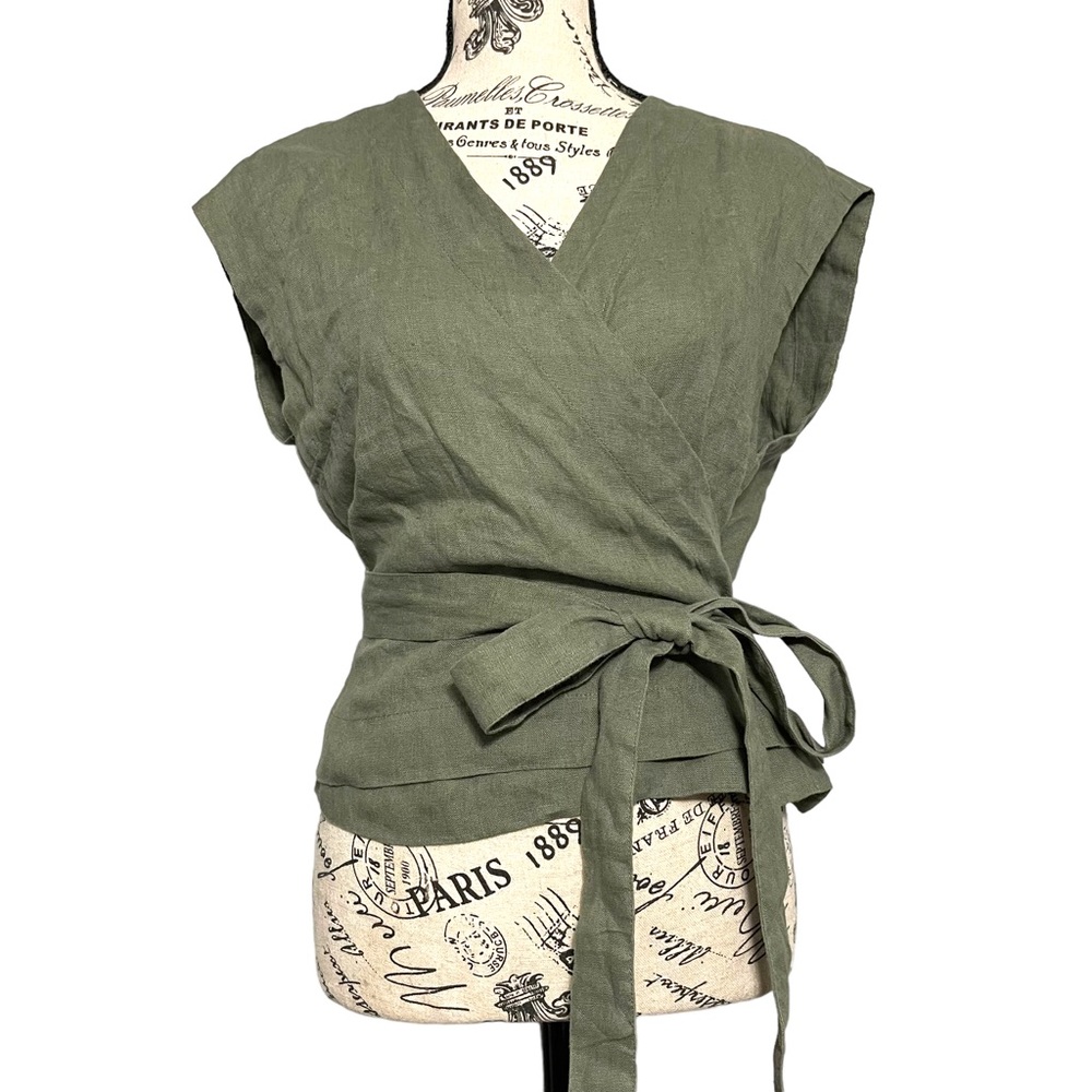 Linenfox Linen True Wrap Tie Shirt Cap Sleeve Lagenlook Olive Green Womens L